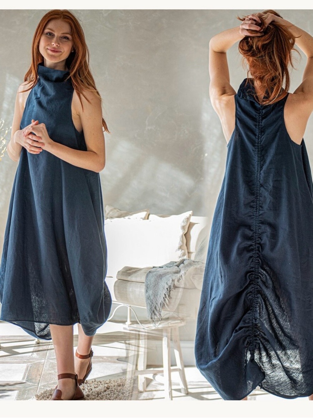 Sleeveless deep green/blue scrunched back linen dress